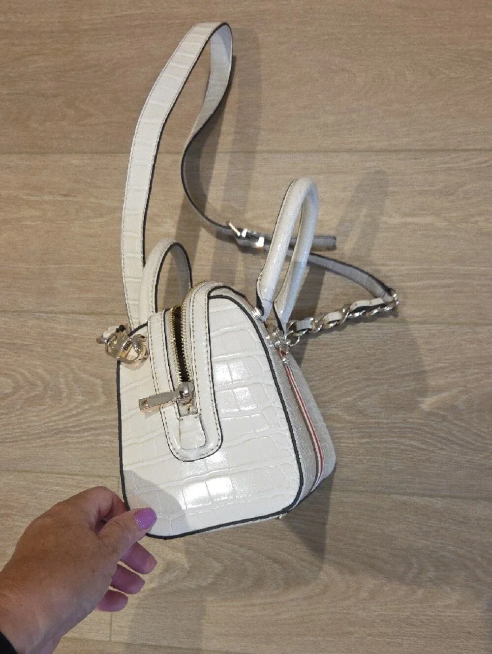 GUESS Cream Croc-Embossed Satchel with Red & Brown Center Stripe